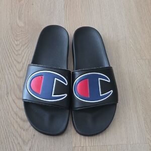 Champion Black Slides with Navy & Red Logo Emblem